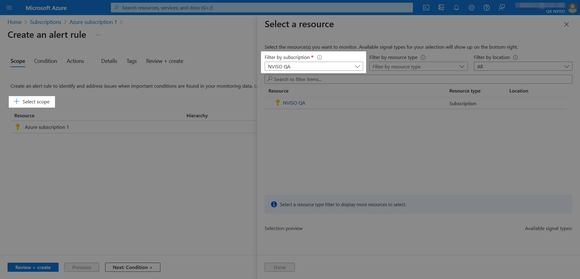 Alert rules and their scope selection limited to predefined subscriptions in the Azure portal.