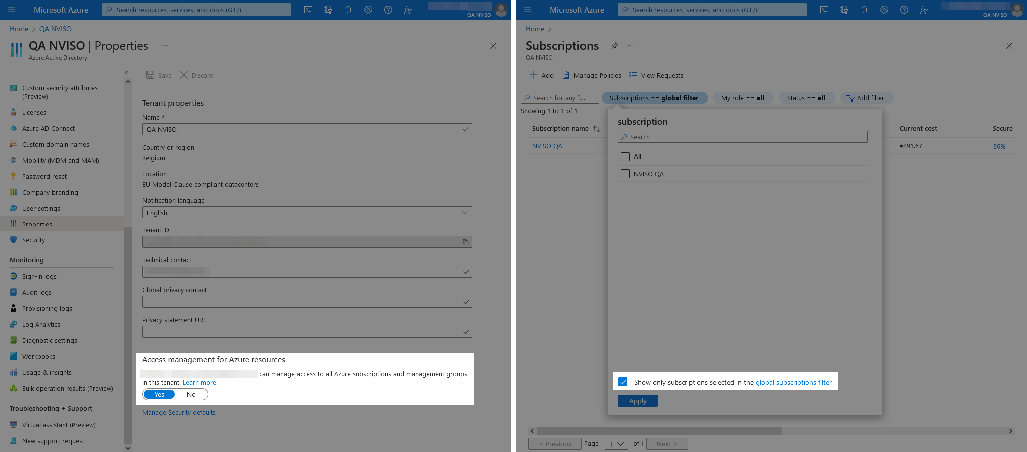 The Azure Active Directory access management properties (left) and global subscriptions filter enabled by default in the Azure portal (right).