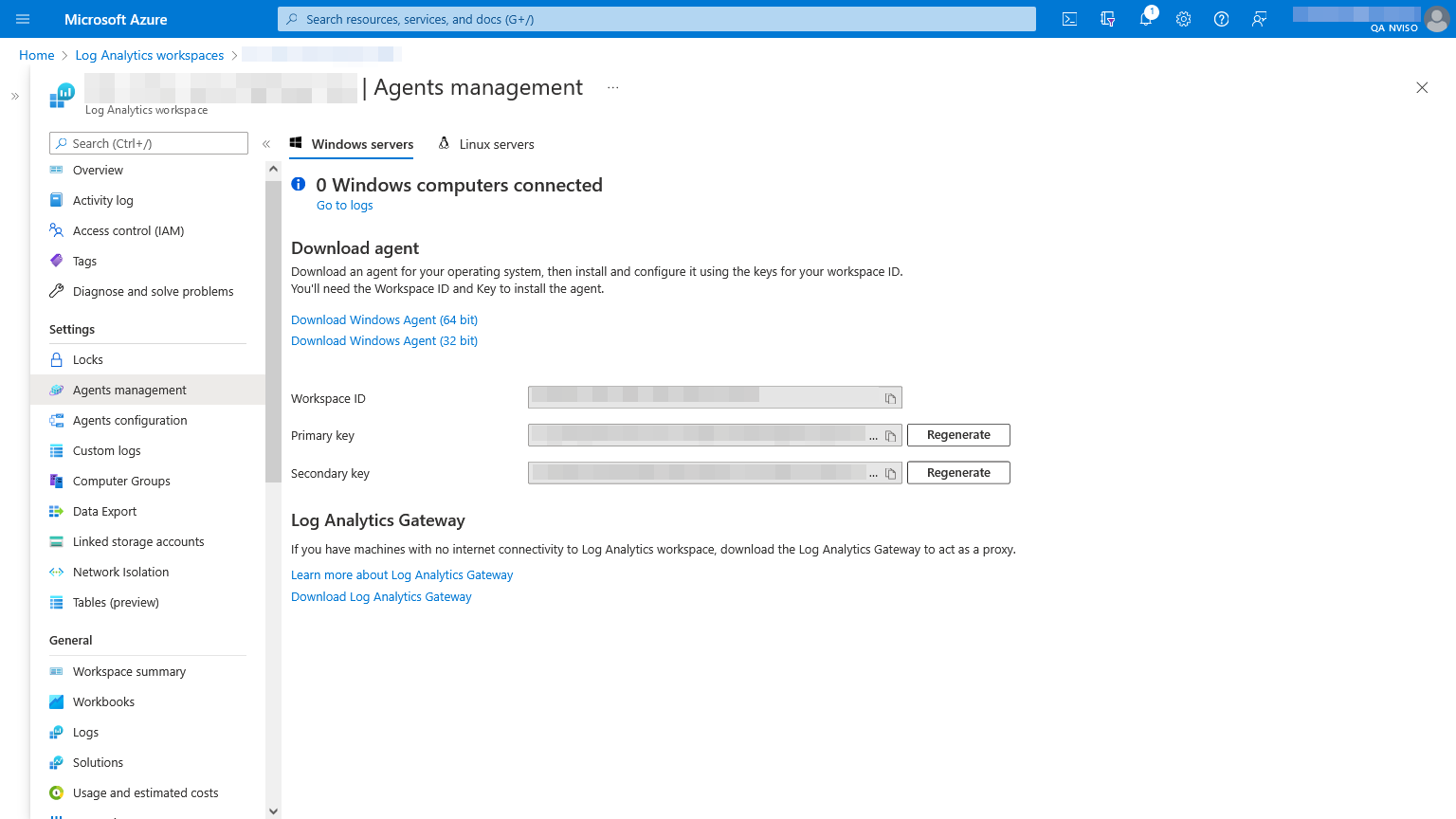A log analytics workspace&rsquo;s agent management in the Azure portal.