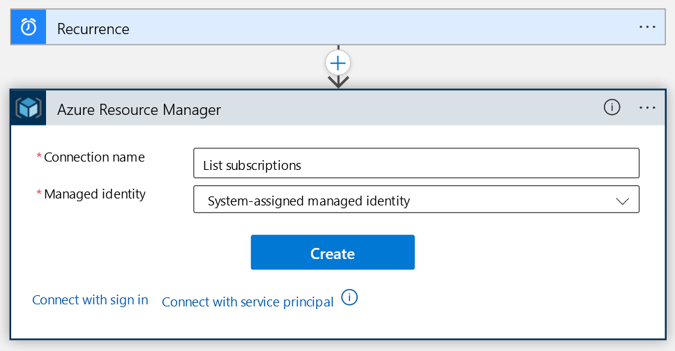 The Azure Resource Manager&rsquo;s configuration in a logic app&rsquo;s designer tool.