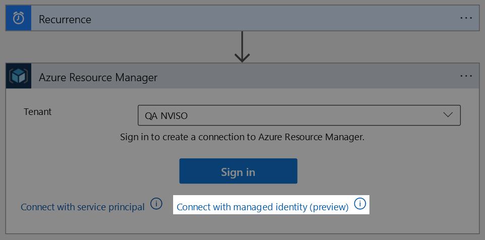 The Azure Resource Manager&rsquo;s tenant selection in a logic app&rsquo;s designer tool.