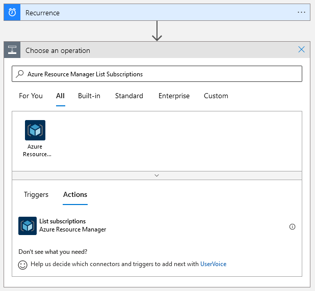 Searching for the Azure Resource Manager in a logic app&rsquo;s designer tool.