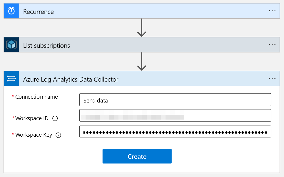 The Log Analytics Data Collector&rsquo;s configuration in a logic app&rsquo;s designer tool.