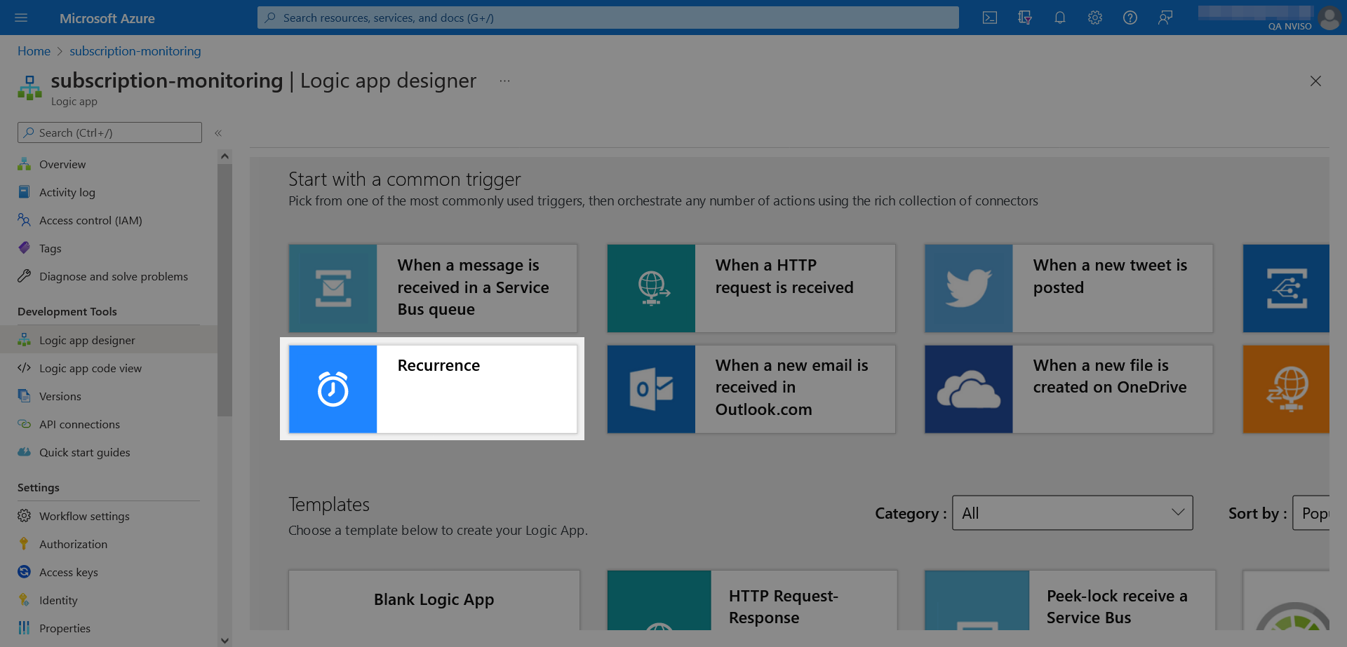 An empty logic app&rsquo;s designer tool in the Azure portal.