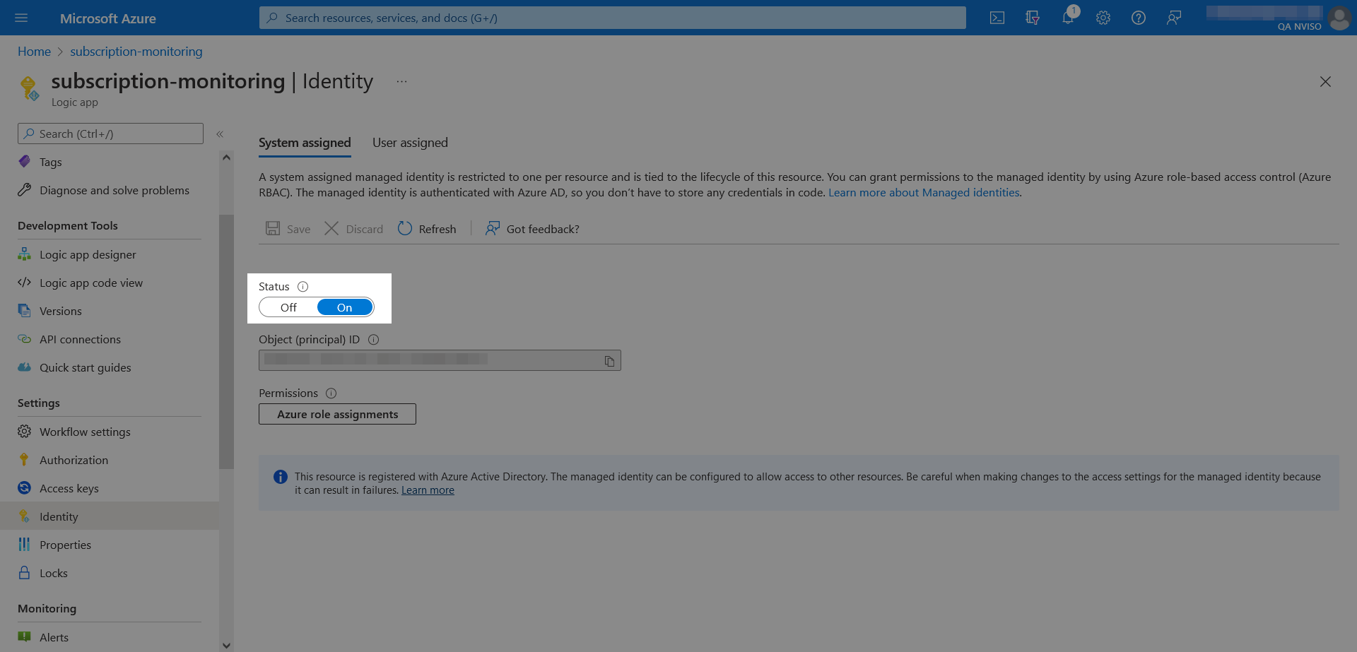 A logic app&rsquo;s identity settings in the Azure portal.