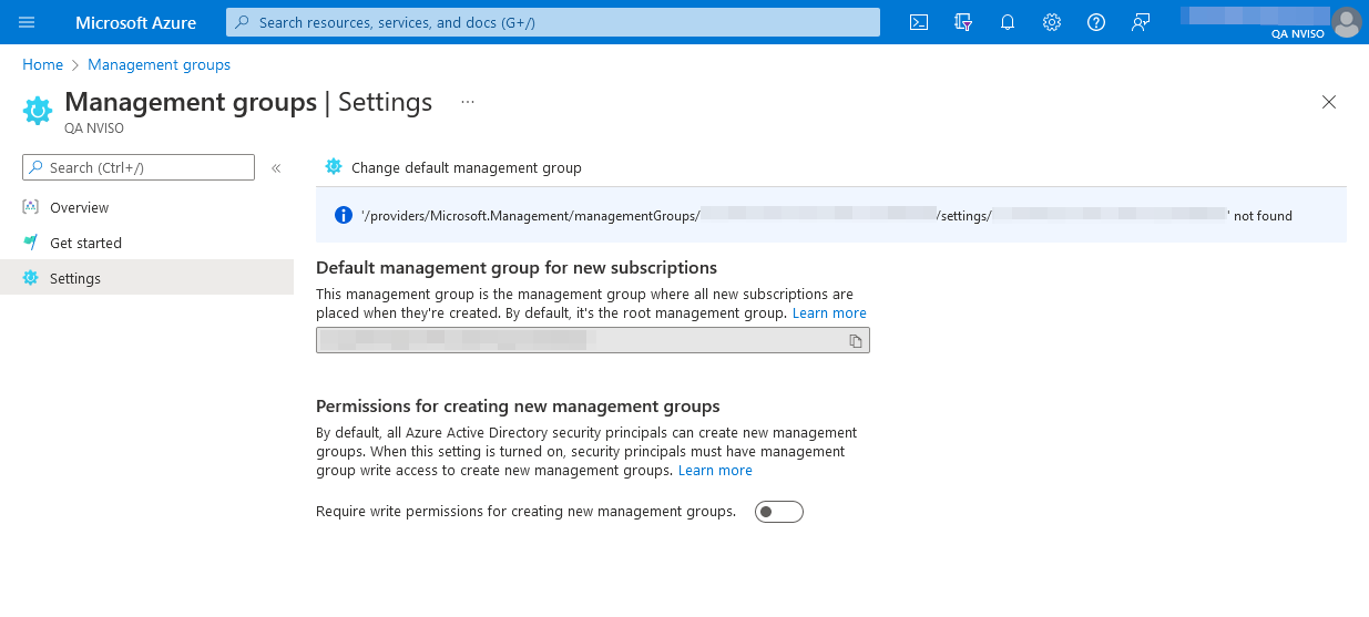 The management groups settings in the Azure portal.