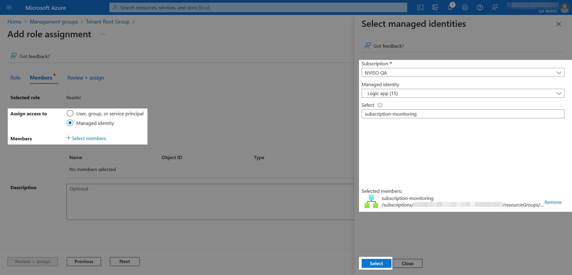 A role assignment&rsquo;s member selection in the Azure portal.