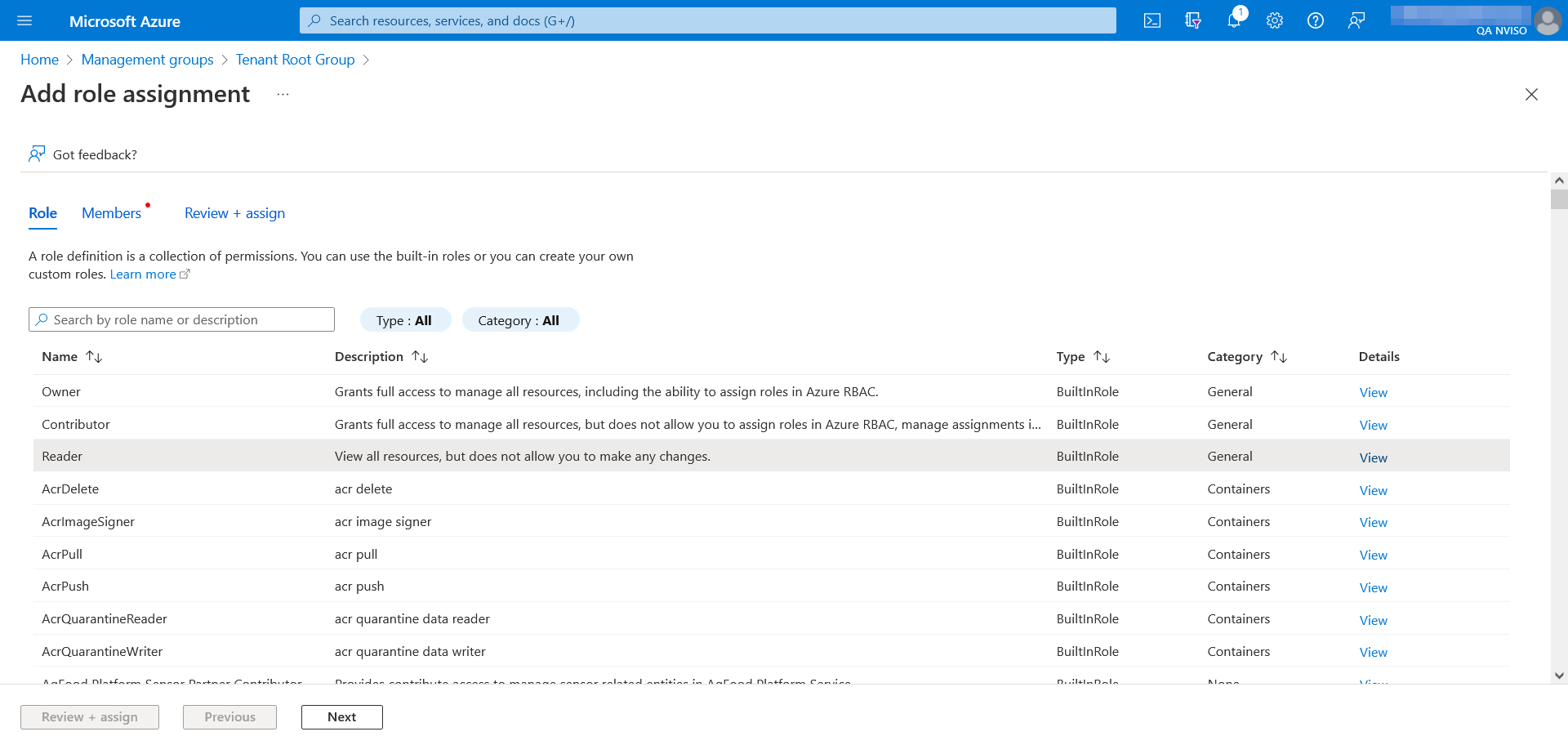 A role assignment&rsquo;s role selection in the Azure portal.