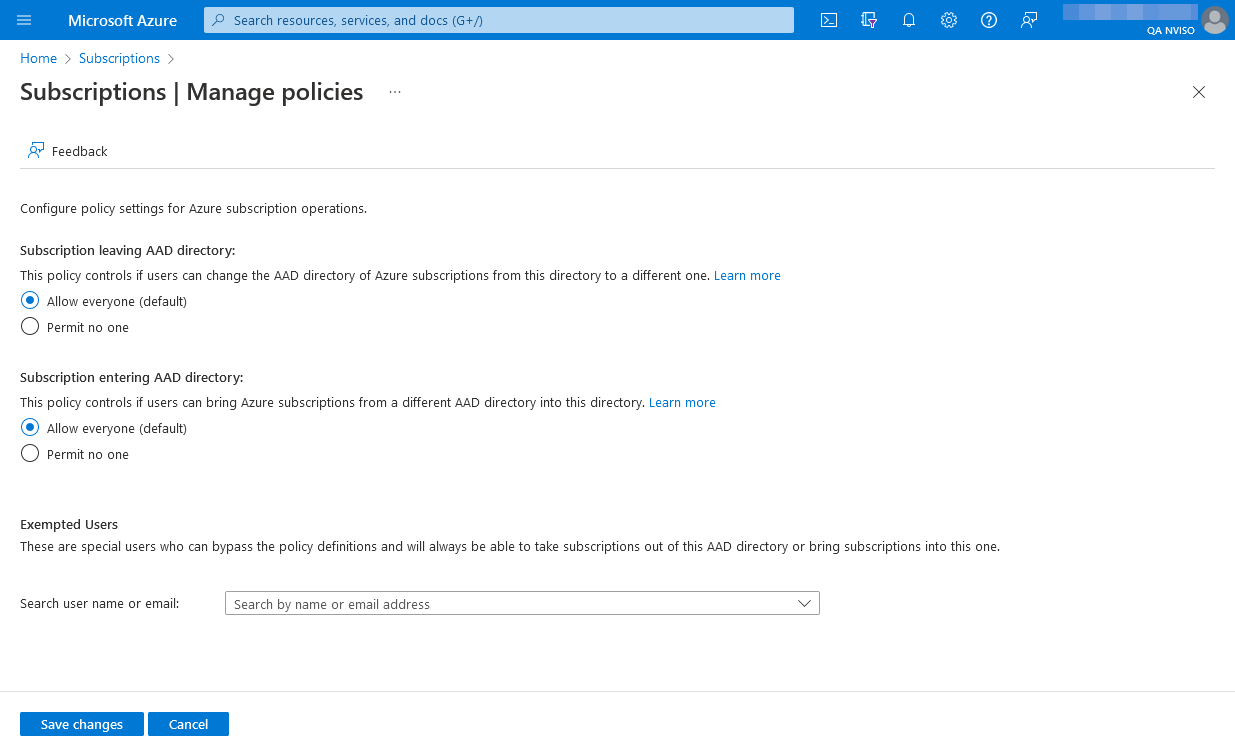The subscriptions&rsquo; policies in the Azure portal.