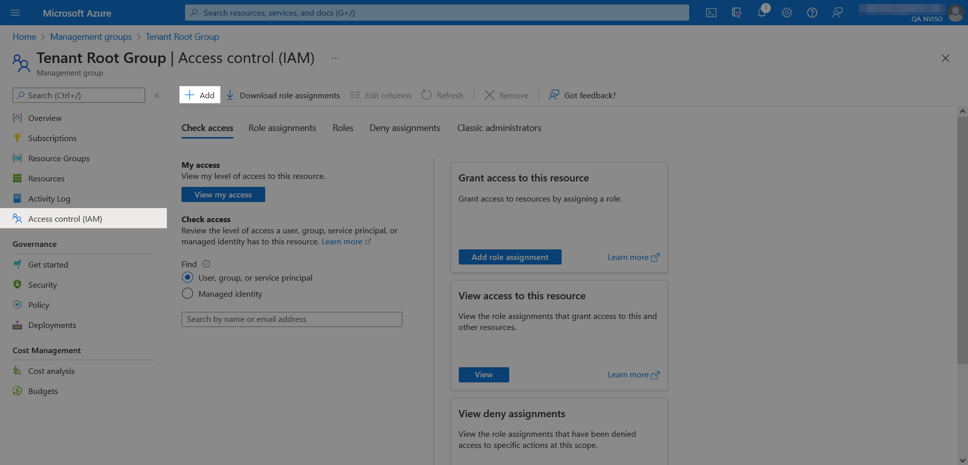 The tenant root group&rsquo;s access control (IAM) in the Azure portal.